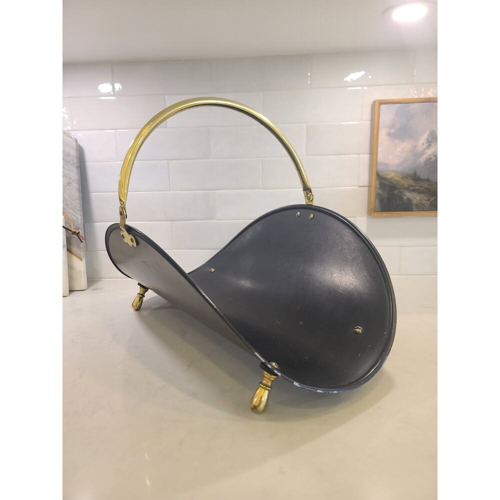 Firewood Holder Black and Brass Log Carrier Footed Vintage MCM Fireplace